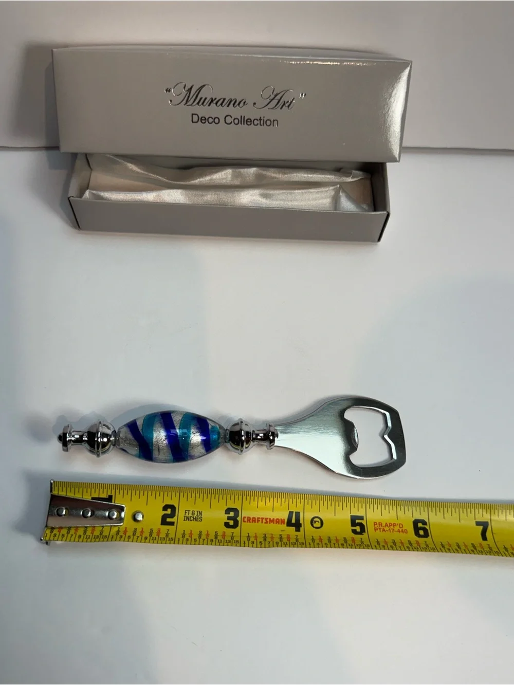 Murano Art Deco Collection Hand Held Bottle Opener Blue Silver With Box